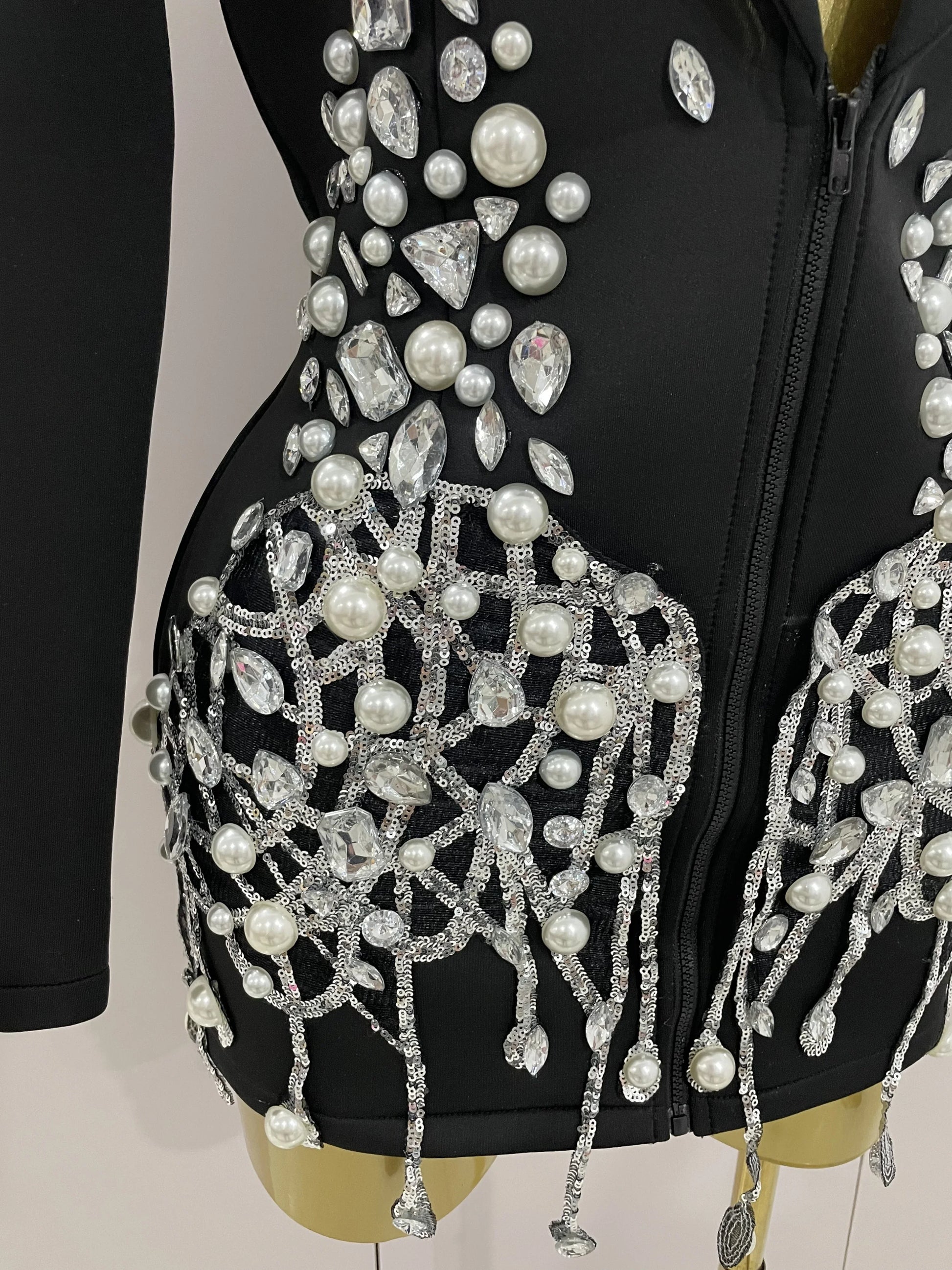 Sparkly Crystal Chains Pearls Long Sleeve Mini Dress 2025 Women Birthday Evening Party Nightclub Outfit Singer Wedding Costume - AMULET RING STORE