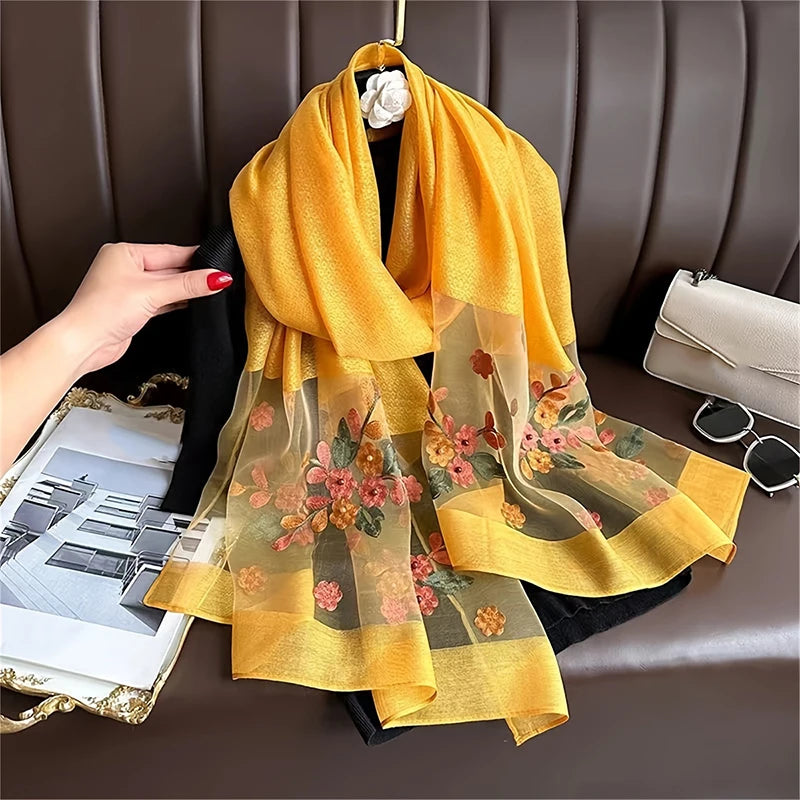 Women Silk Wool Scarf Floral Embroidery Hijab Female Foulard Spring Summer Thin Pashmina Shawls Wraps Bufanda Headscarf Stoles - AMULET RING STORE
