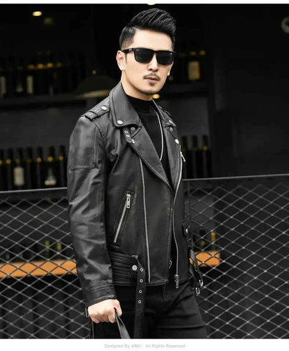 Spring Autumn Short Cool Black Leather Biker Jacket Men Zipper Long Sleeve Belt Plus Size European Fashion brand leather jackets