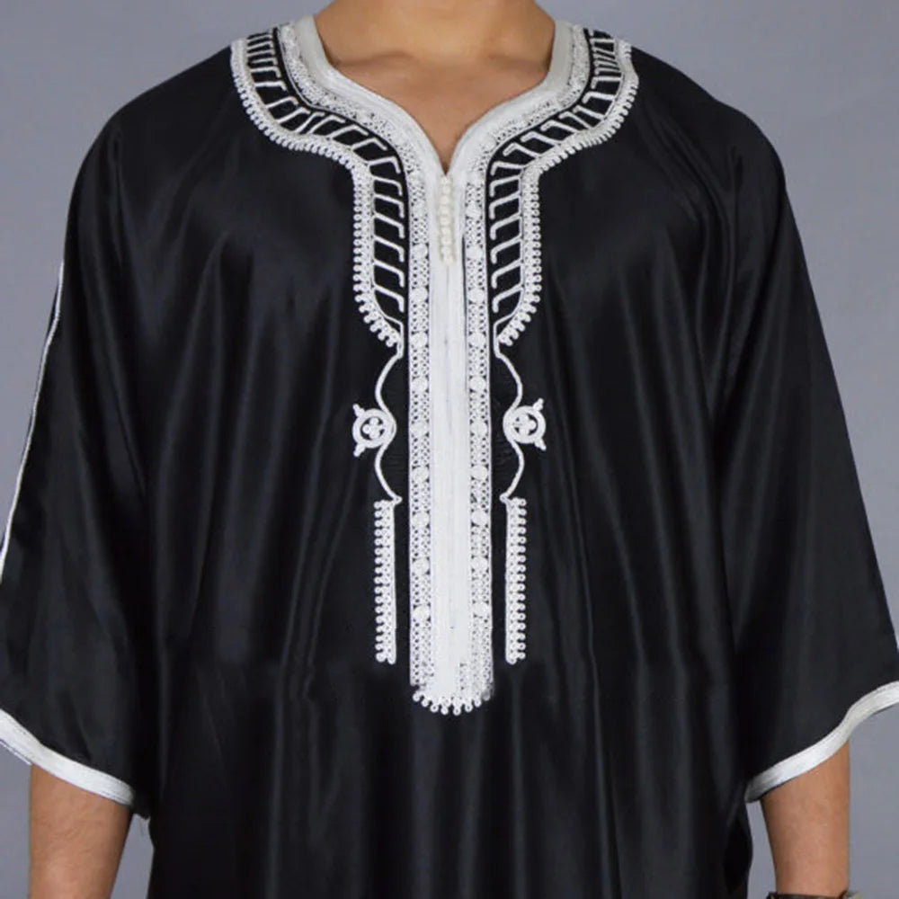 New Men's 1PCS Long Black Muslim Clothing Dresses Abaya Mid Sleeve Arab Crew Neck Islamic Solid Color Kaftan Maxi Dubai