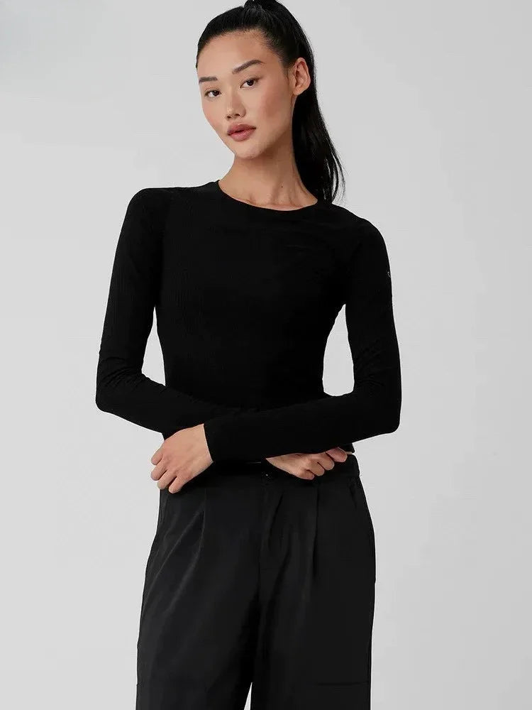 Women's Sports Quick Drying Fitness Yoga Top Simple Black White Long Sleeved Threaded T-shirt Fashion Solid Color Cotton T-shirt