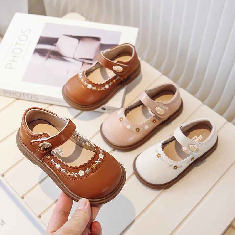 Toddler Girl's Mary Janes Flower Embroider Shallow Sweet Children Leather Shoes Three Colors Hook-loop Comfy Kids Shoe 21-30 - AMULET RING STORE