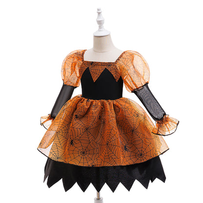 Girl Halloween costume 4-8 Yrs Halloween Theme Party Dresses Skeleton Bat Pumpkin Print Frocks Luxury Fluffy Kids Elegant Gown