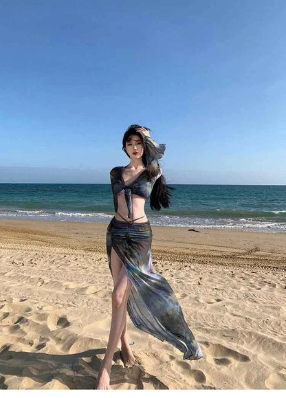 2025 Swimsuit Women's Sexy Bikini Four Piece Tie Dye Long Skirt Sexy European and American Slim Fit Hot Spring Vacation