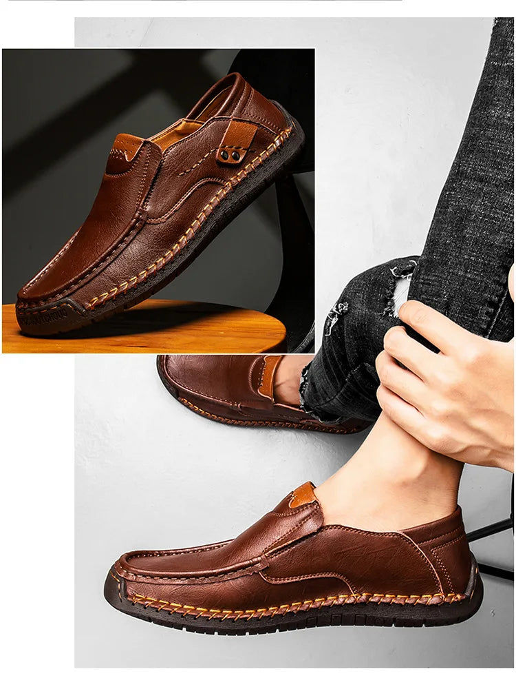 New Handmade Leather Men Shoes Casual Comfortable Men Loafers Slip On Leather Shoes Men Flats Hot Sale Outdoor  Walking Shoes