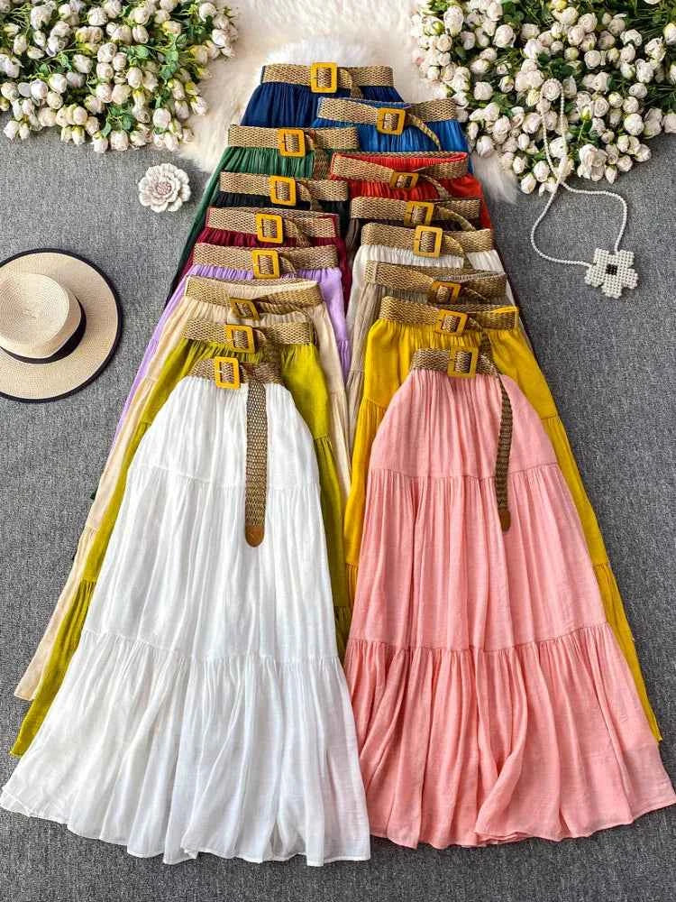 White High Waist A-Line Midi Skirt Women's Summer Casual Flared Cake Skirt Korean Sle Baking Poer Skirt for Young Women