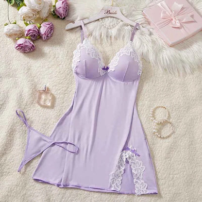 Deep V Women Nightdress Light Purple Sexy Adult Lace Bow Temptation Lingerie Gentle Erotic Clothing Dress Babydoll Underwear Set