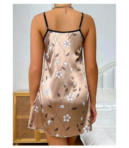 Women's Sleepdress Satin Floral Print Nightdress Comfortable Spaghetti Strap Sleepwear Dress Luxurious Satin Slip Nightdress - AMULET RING STORE