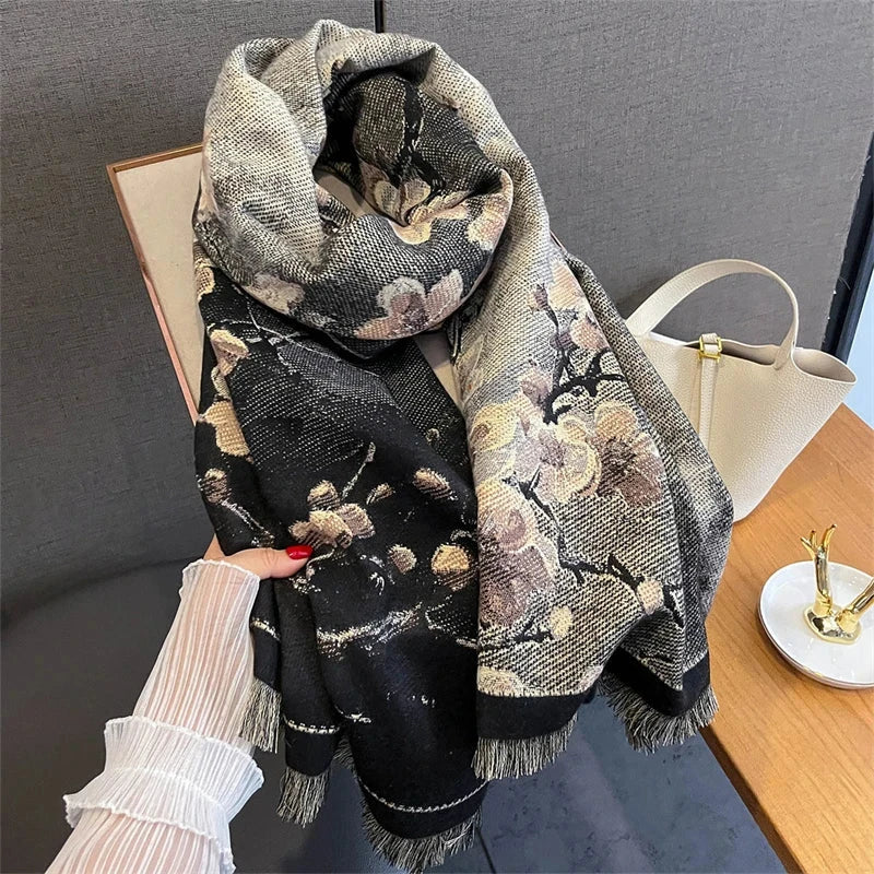 65*190cm Winter Warm Women Scarf Double-Sided Flower Faux Cashmere Scarves Luxury Wrap Shawls High-Quality Pashmina - AMULET RING STORE