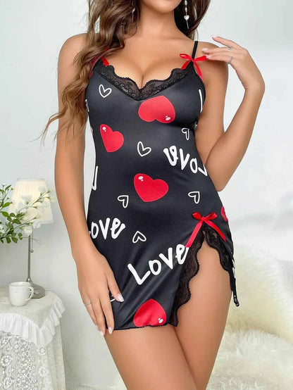 Heart Letter Floral Slip Nightdress Lace Trim Deep V Side Split Sleep Dress Soft Breathable Fabric For Women Night Gown