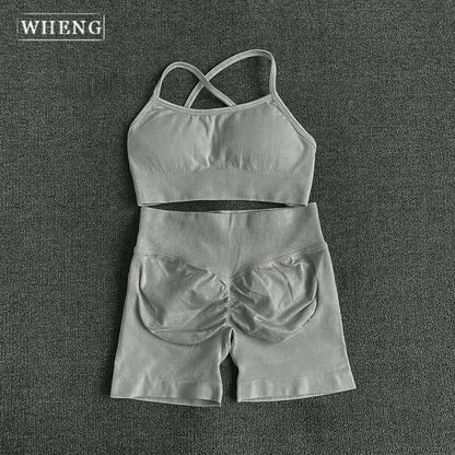 WHENG Peach Hip Lifting Suit Back Cross Sports Bra Shockproof Bra Quick Drying Shorts Set Gym Fitness Running Yoga Suit