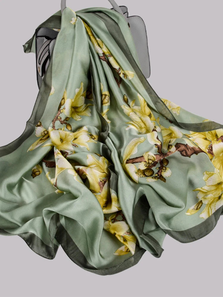 [BYSIFA] Navy Blue Chinese Roses Women Scarves Fall Winter Utrlong Top Grade Brand Trendy Silk Letters Long Scarf Shawl Wrap - AMULET RING STORE