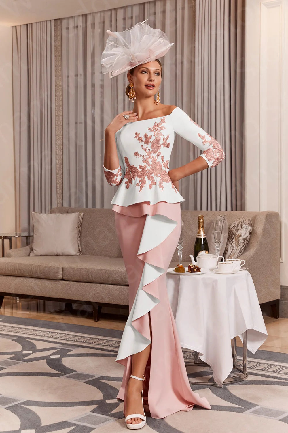 Customized Mermaid Mother of the Bride Dresses Pale Pink Mothers Dress Lace Off Shoulder Sleeves Wedding Guest Gowns Front Split - AMULET RING STORE