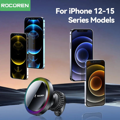 Rocoren Magnetic Car Phone Holder Fast Charging Wireless Charger With RGB light Magnet Car Stander For iPhone 15 14 13 Pro Max