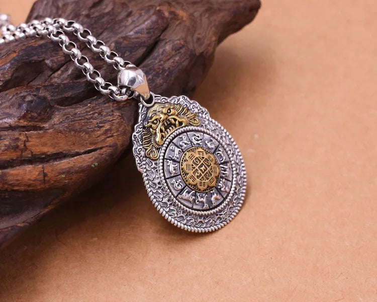 S925 Sterling Silver Retro Thai Silver Nine Palace Bagua Brand Rotating Twelve Zodiac Pendant