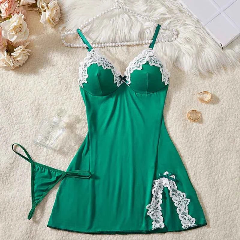 Deep V Women Nightdress Light Purple Sexy Adult Lace Bow Temptation Lingerie Gentle Erotic Clothing Dress Babydoll Underwear Set