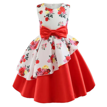 Summer Girls Rose Print Dress Princess Wedding Birthday Party Frocks Satin Children Vestidos Dresses For Girl Christmas Clothing