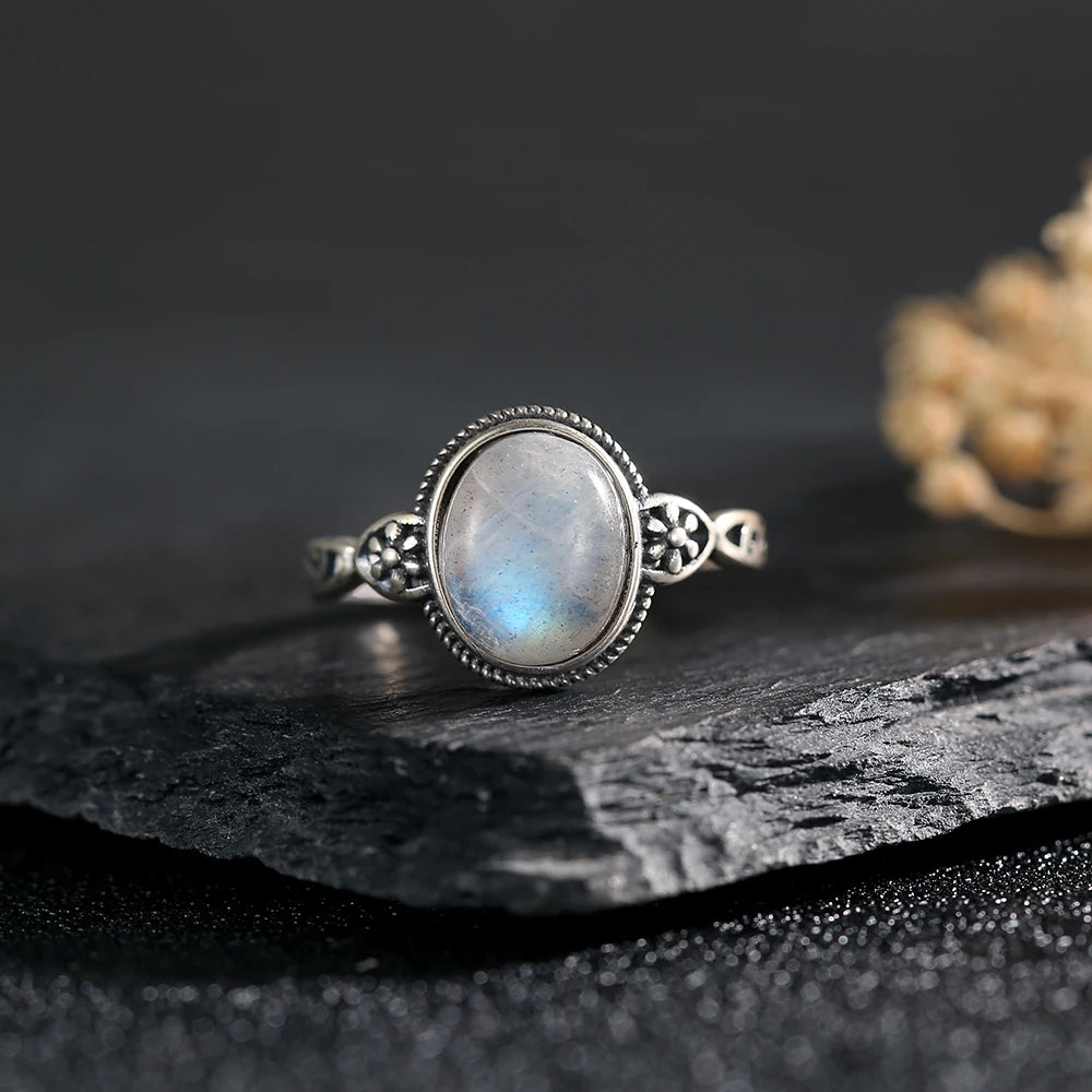 Natural Moonstone Ring 925 Sterling Silver Adjustable Vintage Boho Jewelry 10x8mm Oval Gemstone Healing Crystal Gift - AMULET RING STORE