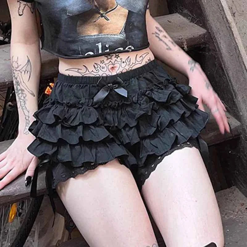 AltGoth Mall Goth Lolita Lace Shorts Women Aesthetic Cute Sweet Bow Patchwork Shorts Y2k E-girl Emo Alternative Kawaii Outfits