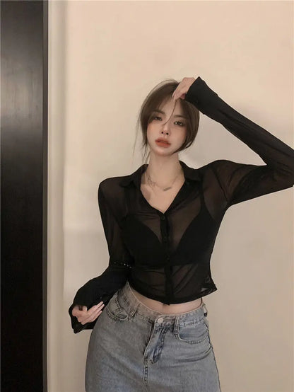 Bla Lace irt Sexy Thin Sun Protection Women's Summer New Pure Desire Versatile Slim ort Top Korean Sle Collar Lo... - AMULET RING STORE