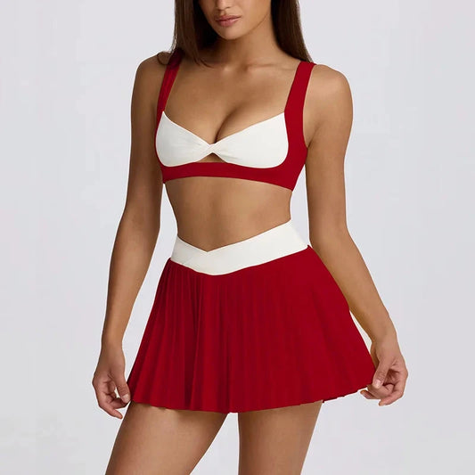 Sports Yoga Set 2 Pieces Women Tracksuit Sportswear Workout Running Clothing High Waist Short Skirt Sports Bra Athletic Wear