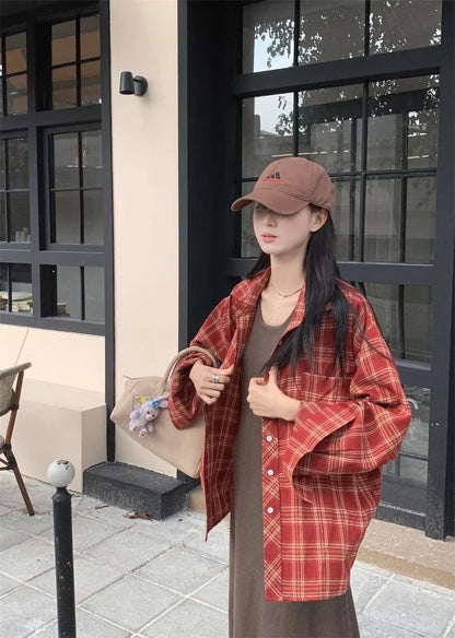 Zoki American Y2K Plaid Shirt Women Loose Streetwear Long Sleeve Vintage Blouse Casual Oversize All Match Female Spring Tops New - AMULET RING STORE
