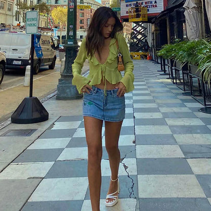 Vintage 90s Streetwear Ruffles Trim Green Chiffon T-shirts Y2K Fashion Sexy Deep V Lace Up Long Sleeve Tops Transparent - AMULET RING STORE