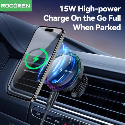 Rocoren Magnetic Car Phone Holder Fast Charging Wireless Charger With RGB light Magnet Car Stander For iPhone 15 14 13 Pro Max