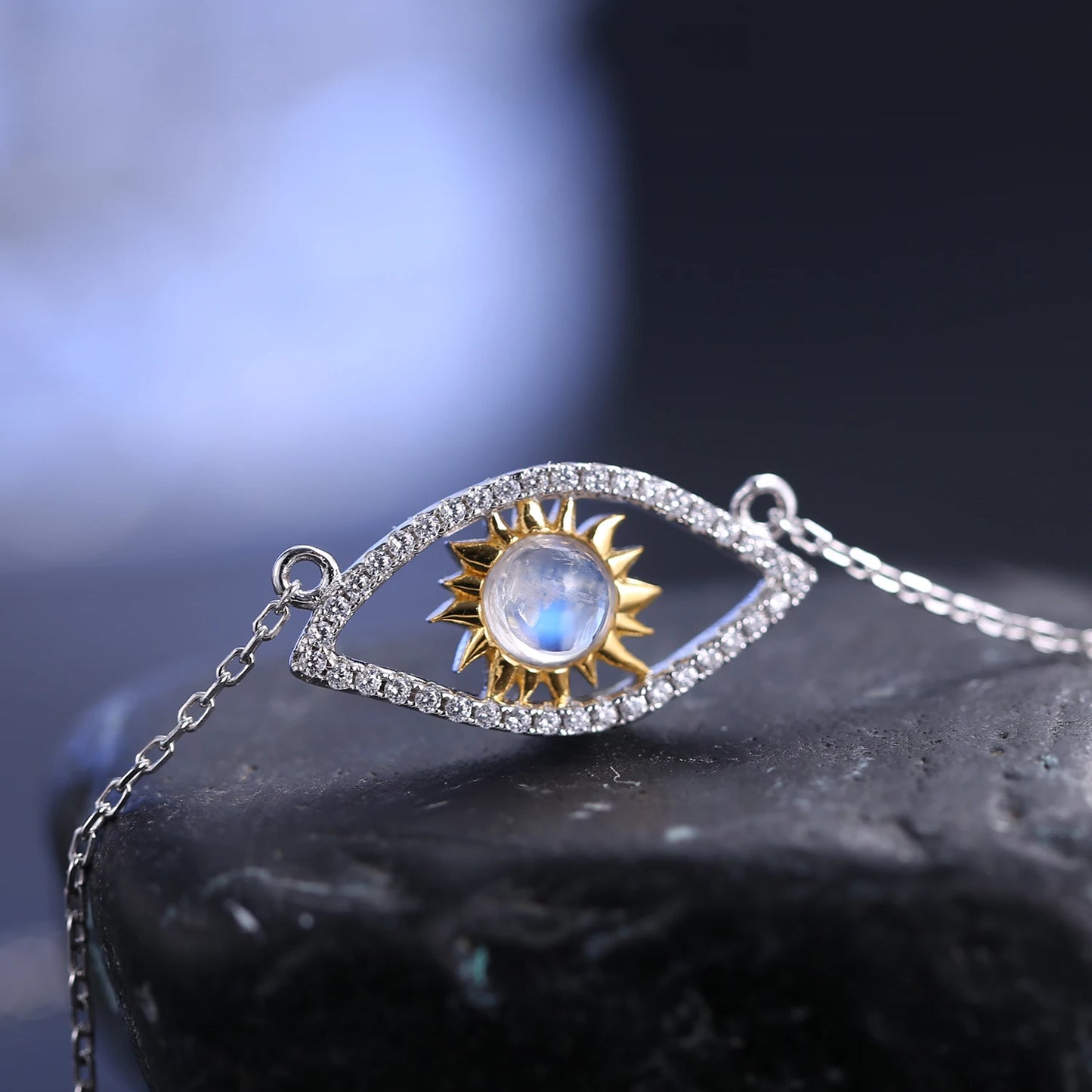 GEM'S BALLET June Birthstone 925 Sterling Silver Hamsa Necklace Milky Blue Moonstone Devil's Eye Pendant Necklace