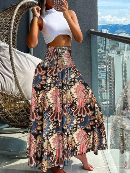 Plus Size Vintage Flower Printed Skirt Women 2024 Summer New Fashion Casual Commuting Vacation Style High Waist A-line Skirts F