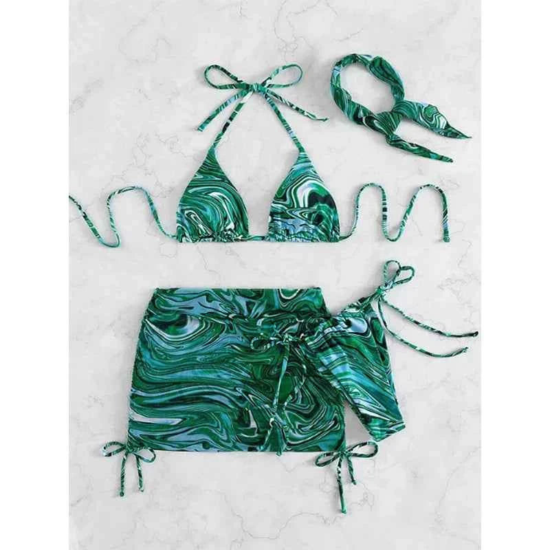 2024 New Wave Print Swimsuit Sexy Bathing Suits 4 Piece Bikinis Beach Sarong Micro Thong Swimwear Women Beachwear