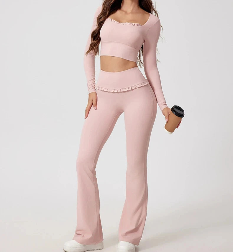 1/2PCS Pad Women Yoga Set Lotus Gym Fitness Long Sleeve Sports Crop Top High Waist Bell Flare Legging Workout Athletic Wear