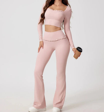 1/2PCS Pad Women Yoga Set Lotus Gym Fitness Long Sleeve Sports Crop Top High Waist Bell Flare Legging Workout Athletic Wear