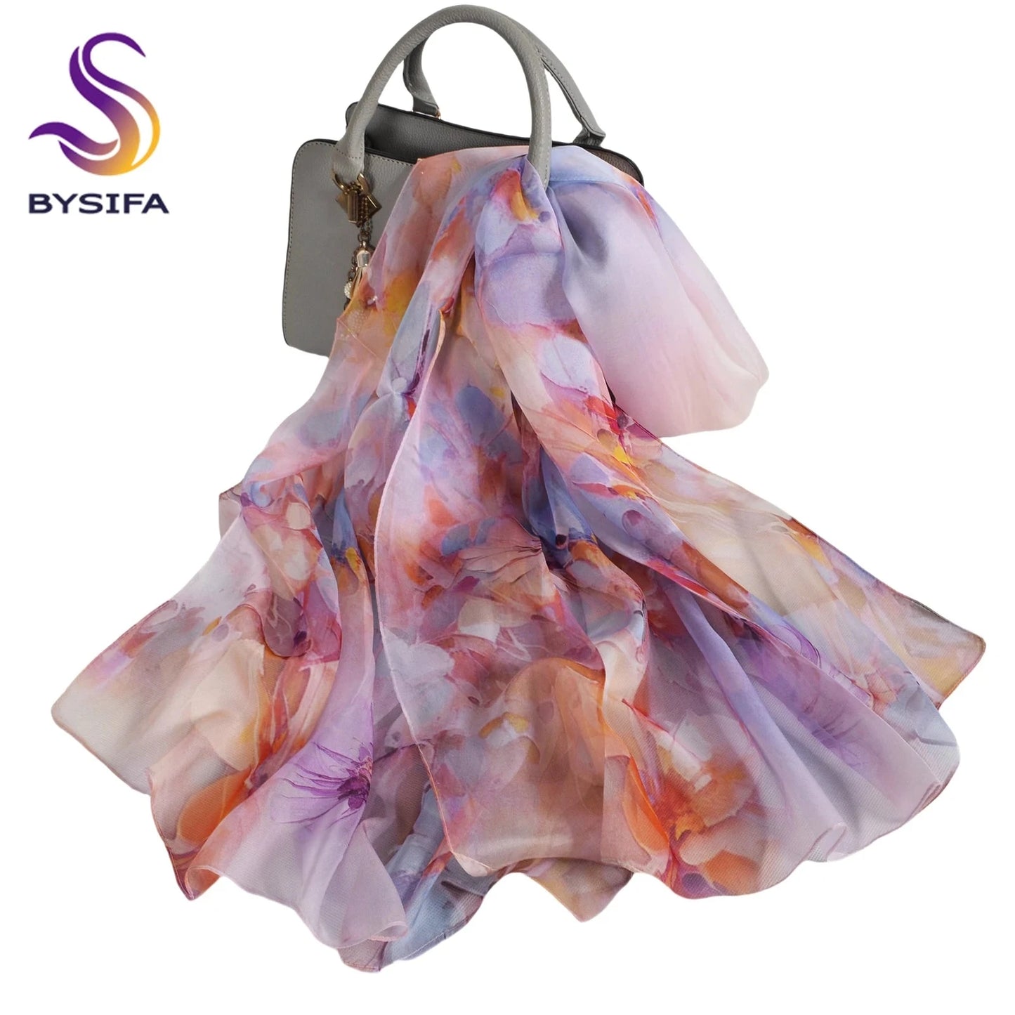 [BYSIFA] Women Chiffon Pure Silk Scarf Cherry Blossom Floral Design Long 100% Silk Shawl Scarf Purple Pink Silk Scarves Echarpes
