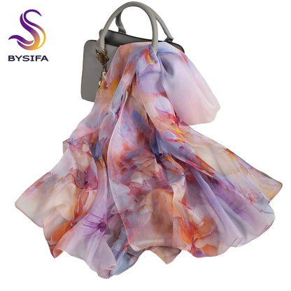 [BYSIFA] Women Chiffon Pure Silk Scarf Cherry Blossom Floral Design Long 100% Silk Shawl Scarf Purple Pink Silk Scarves Echarpes