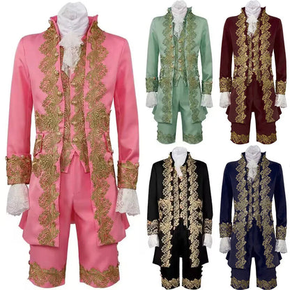 2025 New Medieval Vintage Prince Lace Suits for Men and Women, Halloween Performance Cosplay Three Piece Set(Blazer+Vest+Pants)