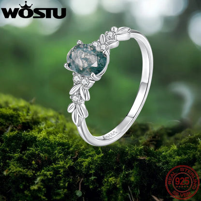 WOSTU Natural Moss Agate Ring For Women  925 Sterling Silver Oval Cut Sea Grass Agate Flower Rings Wedding Party Jewelry Gift
