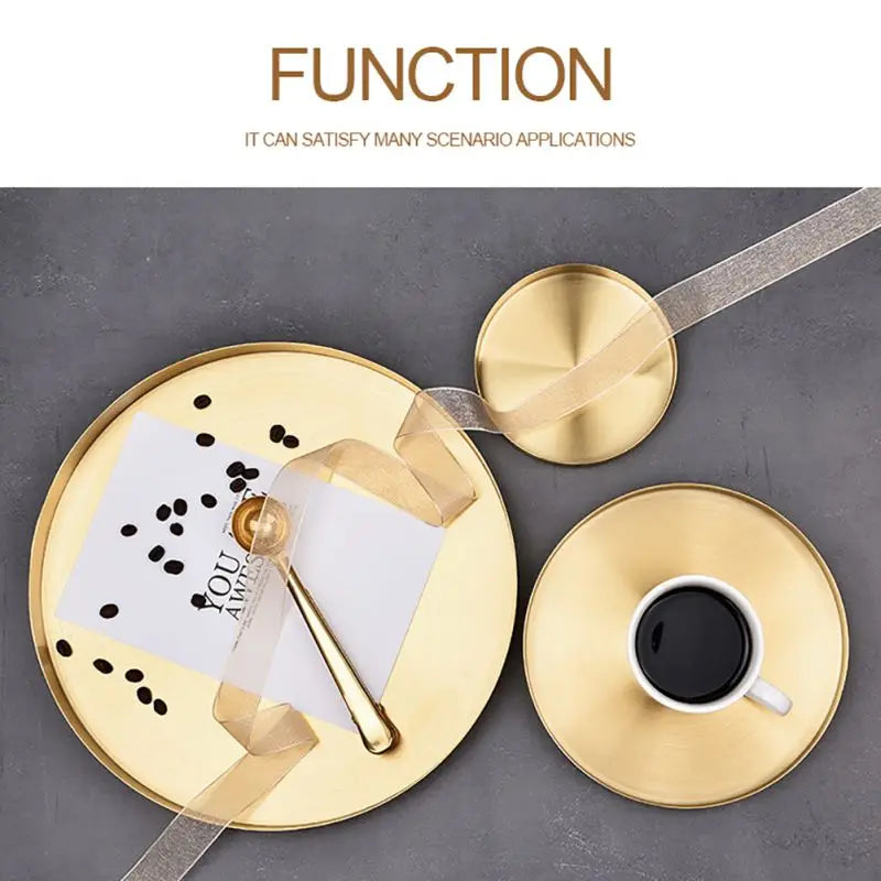 12/20/30cm Decorative Golden Nordic Round Tray Stainless Steel Luxury Jewelry Tea Coffee Cup Tray Home Car Keys Storage Trays - AMULET RING STORE
