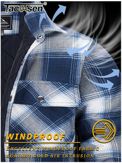 TACVASEN Winter Plaid Cotton Jackets Mens Long Sleeve Quilted Lined Flannel Shirt Jacket Multi-Pockets Outwear Hiking Coats Tops