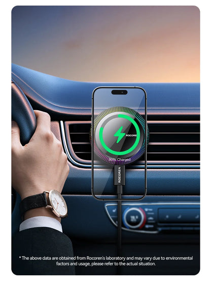 Rocoren Magnetic Car Phone Holder Fast Charging Wireless Charger With RGB light Magnet Car Stander For iPhone 15 14 13 Pro Max