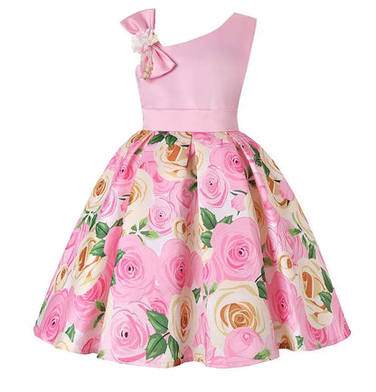 Summer Girls Rose Print Dress Princess Wedding Birthday Party Frocks Satin Children Vestidos Dresses For Girl Christmas Clothing