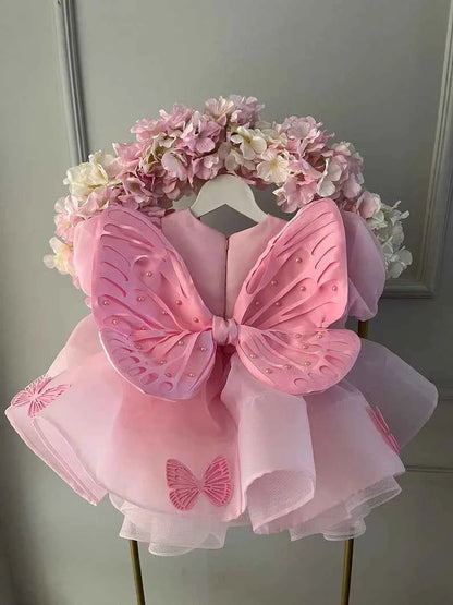 Baby Girls Dress Pink Bubble Sleeve Butterfly Dress Pageant Dresses for Toddler Girls Official Christmas Dinner Clothes