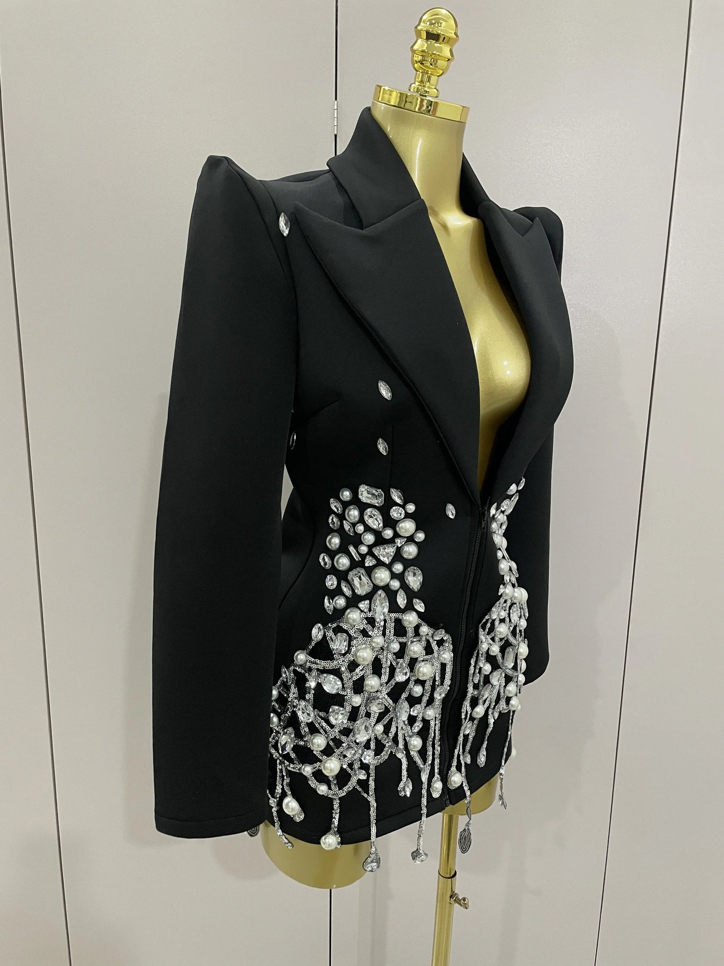 Sparkly Crystal Chains Pearls Long Sleeve Mini Dress 2025 Women Birthday Evening Party Nightclub Outfit Singer Wedding Costume - AMULET RING STORE