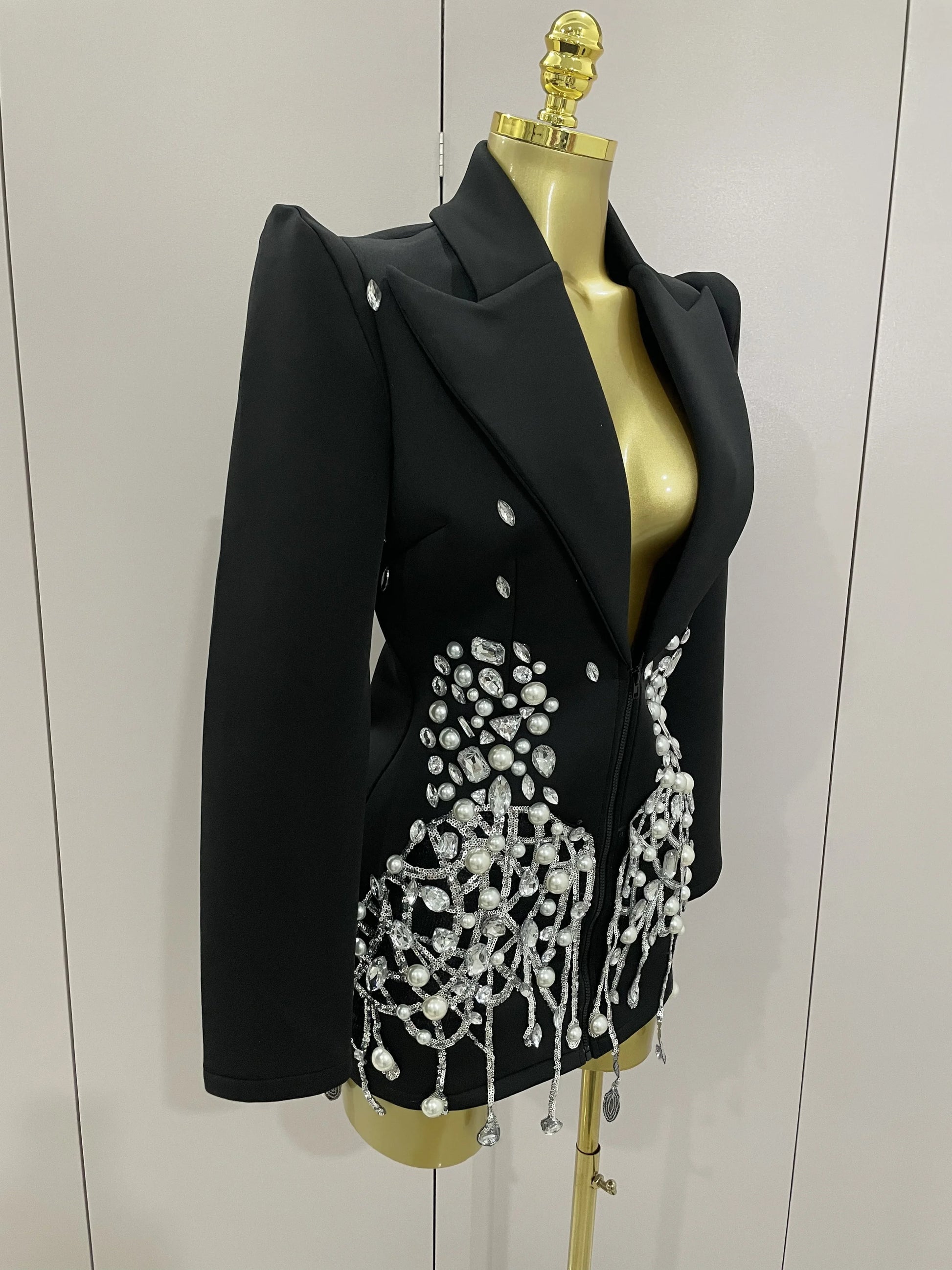 Sparkly Crystal Chains Pearls Long Sleeve Mini Dress 2025 Women Birthday Evening Party Nightclub Outfit Singer Wedding Costume - AMULET RING STORE