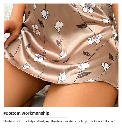 Women's Sleepdress Satin Floral Print Nightdress Comfortable Spaghetti Strap Sleepwear Dress Luxurious Satin Slip Nightdress - AMULET RING STORE