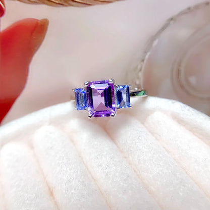 925 Sterling Silver Vintage  Rings Retro Natural Tanzanite and Natural Amethyst  FineJewelry for Women and Girls