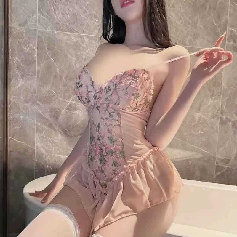 Sexy Deep V Flower Vine Open Crotch Bodysuit Suspender Embroidery Ballet Nightdress Slim Gathered Mesh Bodycon