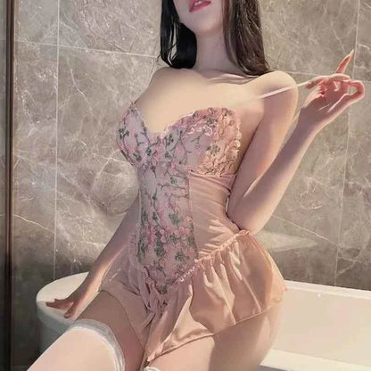 Sexy Deep V Flower Vine Open Crotch Bodysuit Suspender Embroidery Ballet Nightdress Slim Gathered Mesh Bodycon