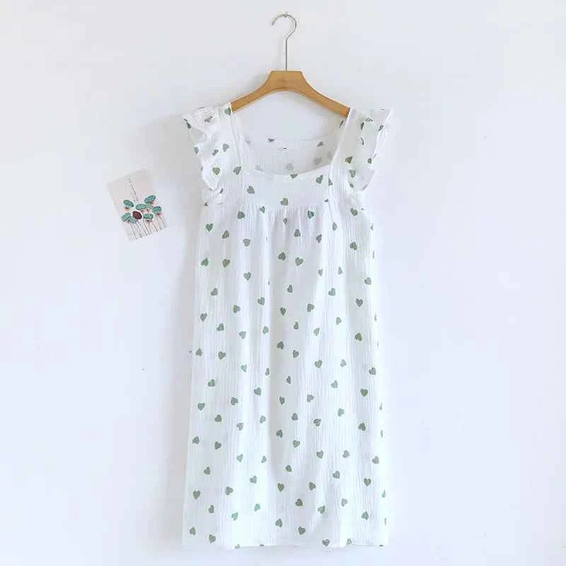 2025 Summer Women's New Sleeping Skirt 100% Cotton Crepe Wood Ear Edge Tank Top Skirt Love Belt Chest Cushion Home Dress Ladies