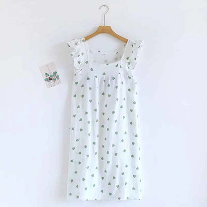 2025 Summer Women's New Sleeping Skirt 100% Cotton Crepe Wood Ear Edge Tank Top Skirt Love Belt Chest Cushion Home Dress Ladies